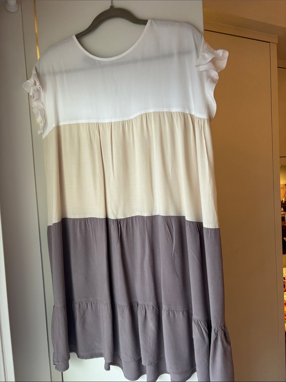 Colorblock Ruffle Sleeve Dress - White, Cream & Taupe